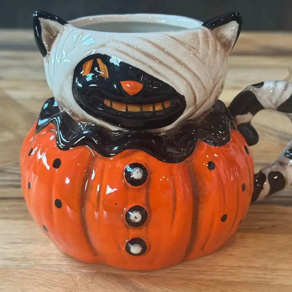 Johanna Parker Designs Halloween Cat Mummy Ceramic Mug, Retro Spooky Coffee Cup